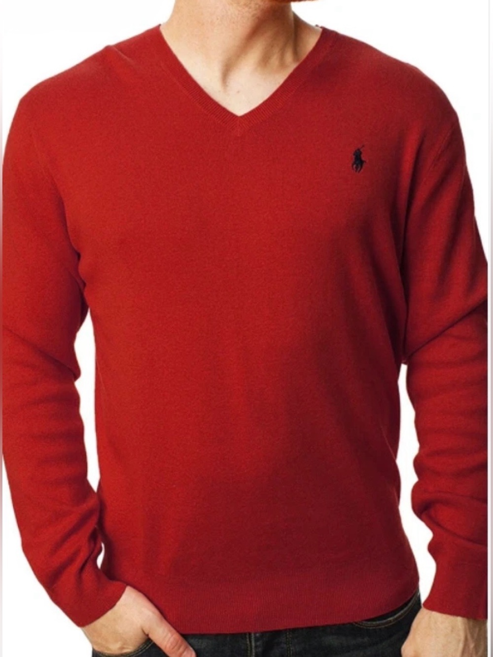 Polo Ralph Lauren Men’s Pima Cotton V-Neck Sweater Red Blue Pony Large